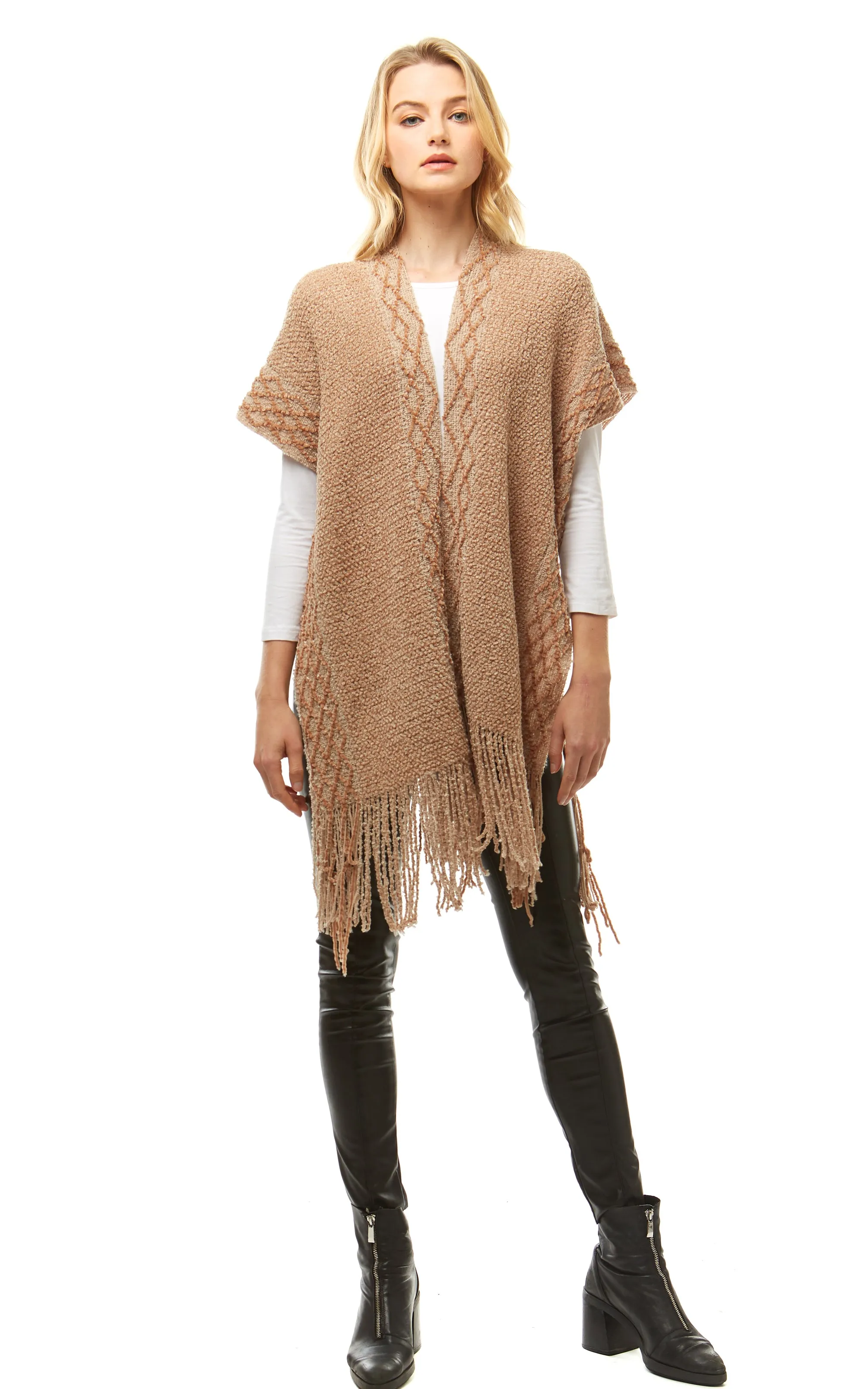 LOF935 Solid Chenille Diamond Pattern Trim Ruana with Fringe
