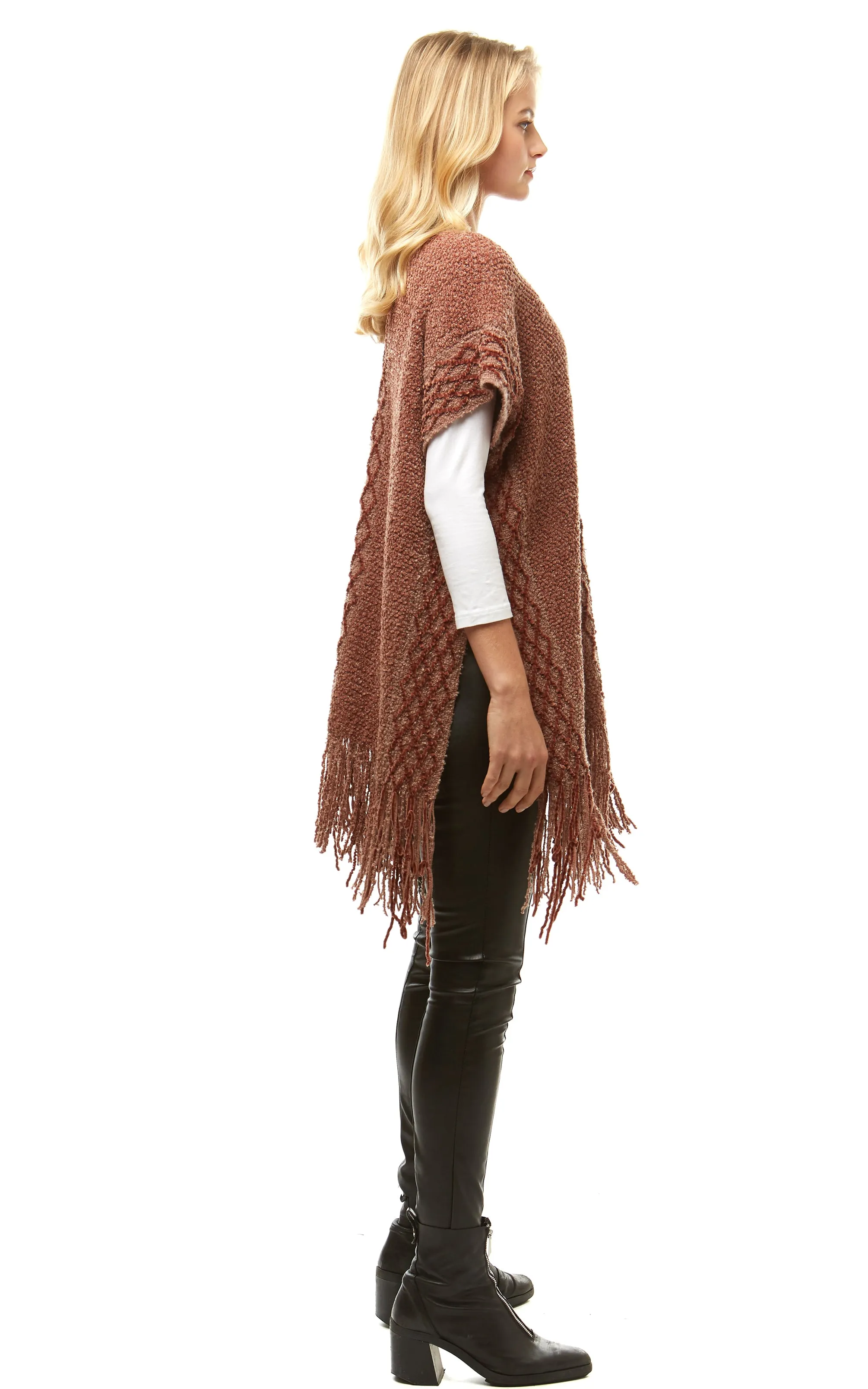 LOF935 Solid Chenille Diamond Pattern Trim Ruana with Fringe