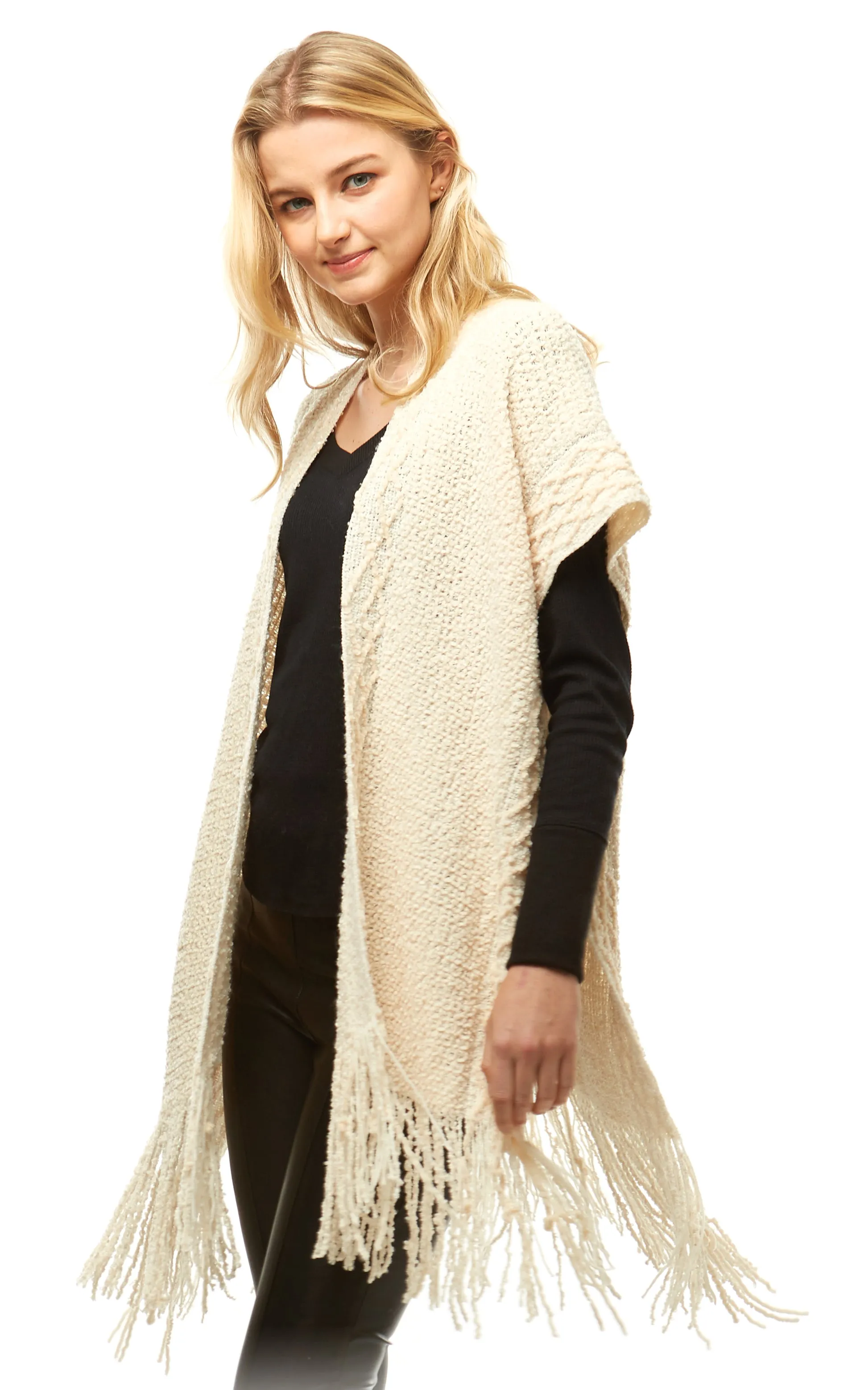 LOF935 Solid Chenille Diamond Pattern Trim Ruana with Fringe
