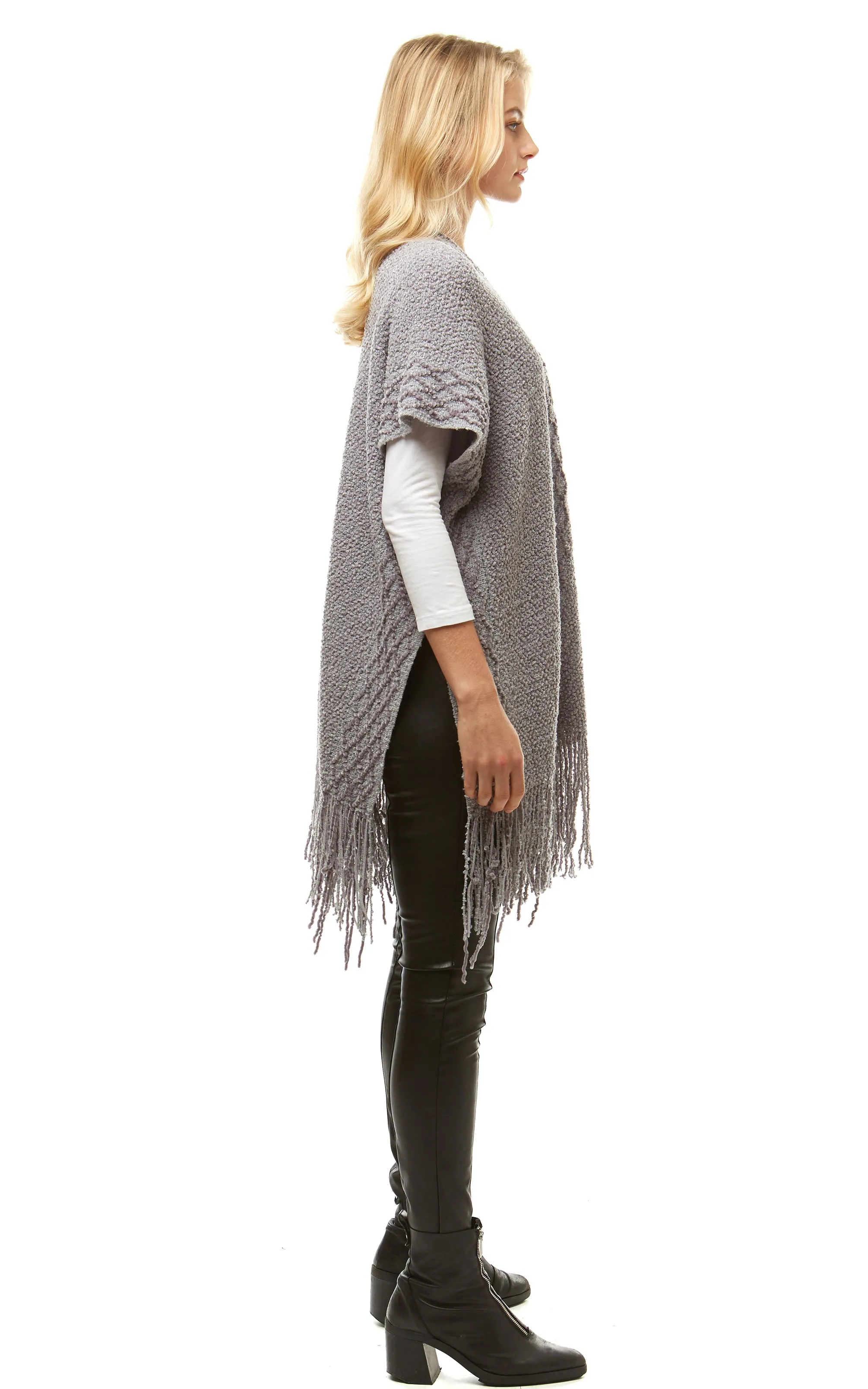 LOF935 Solid Chenille Diamond Pattern Trim Ruana with Fringe
