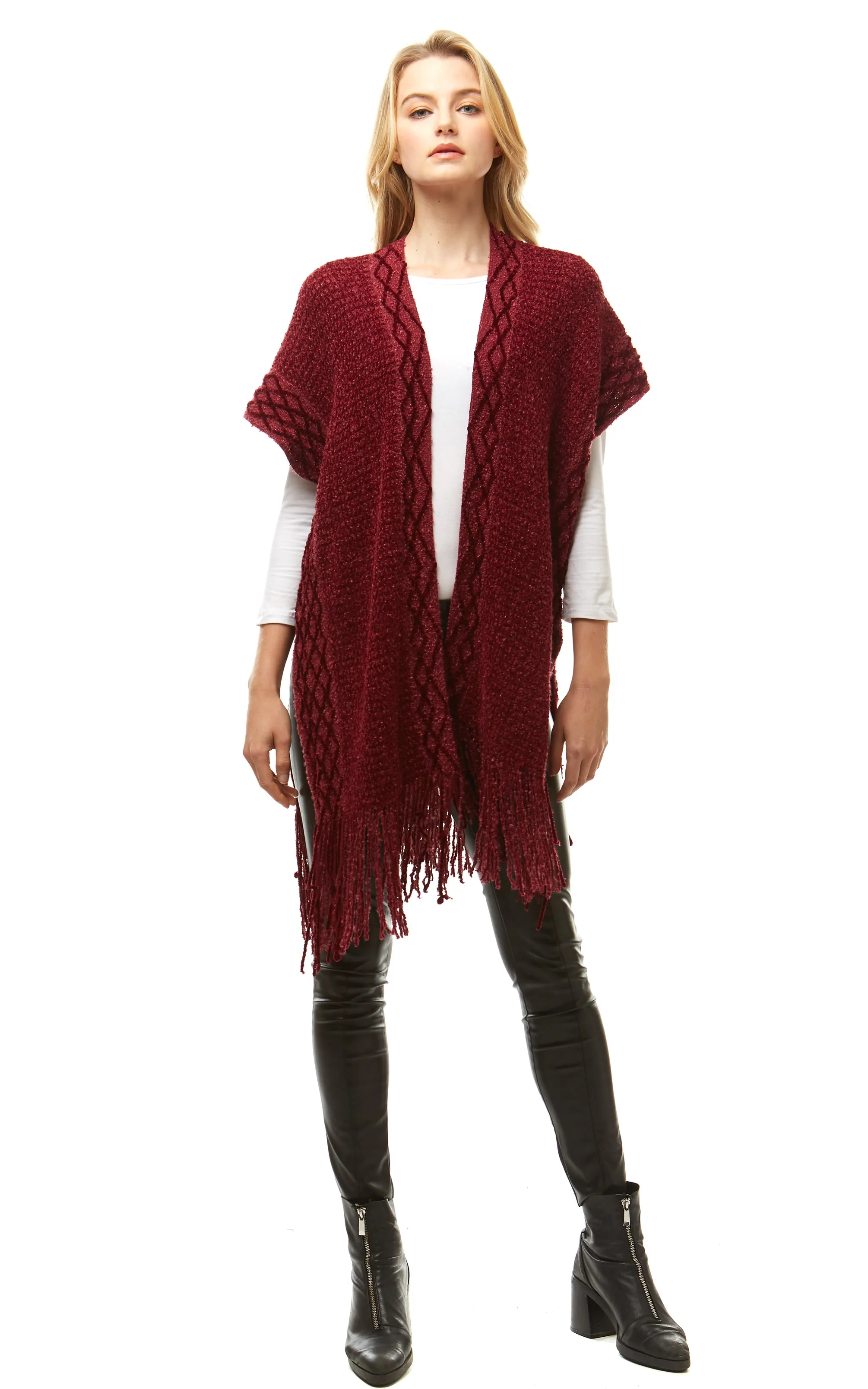 LOF935 Solid Chenille Diamond Pattern Trim Ruana with Fringe