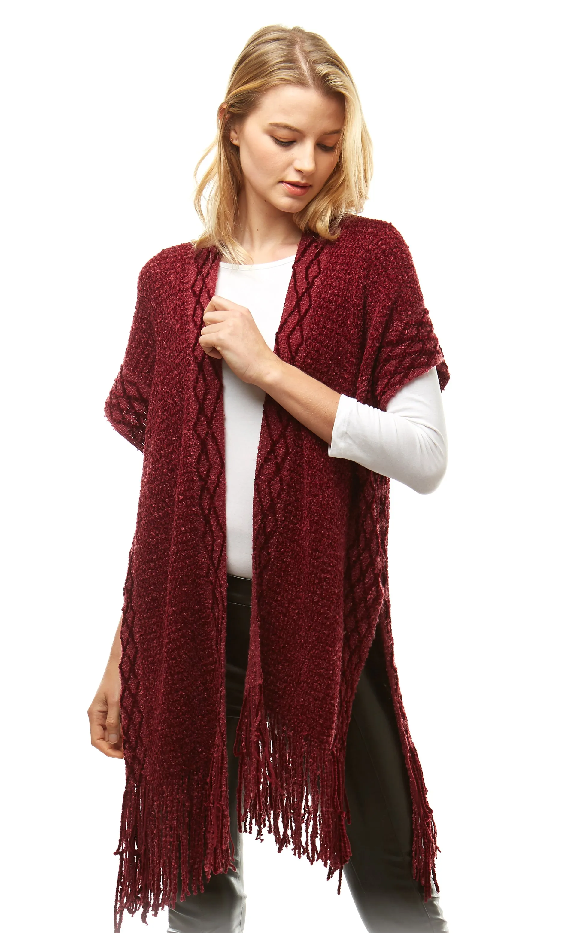 LOF935 Solid Chenille Diamond Pattern Trim Ruana with Fringe