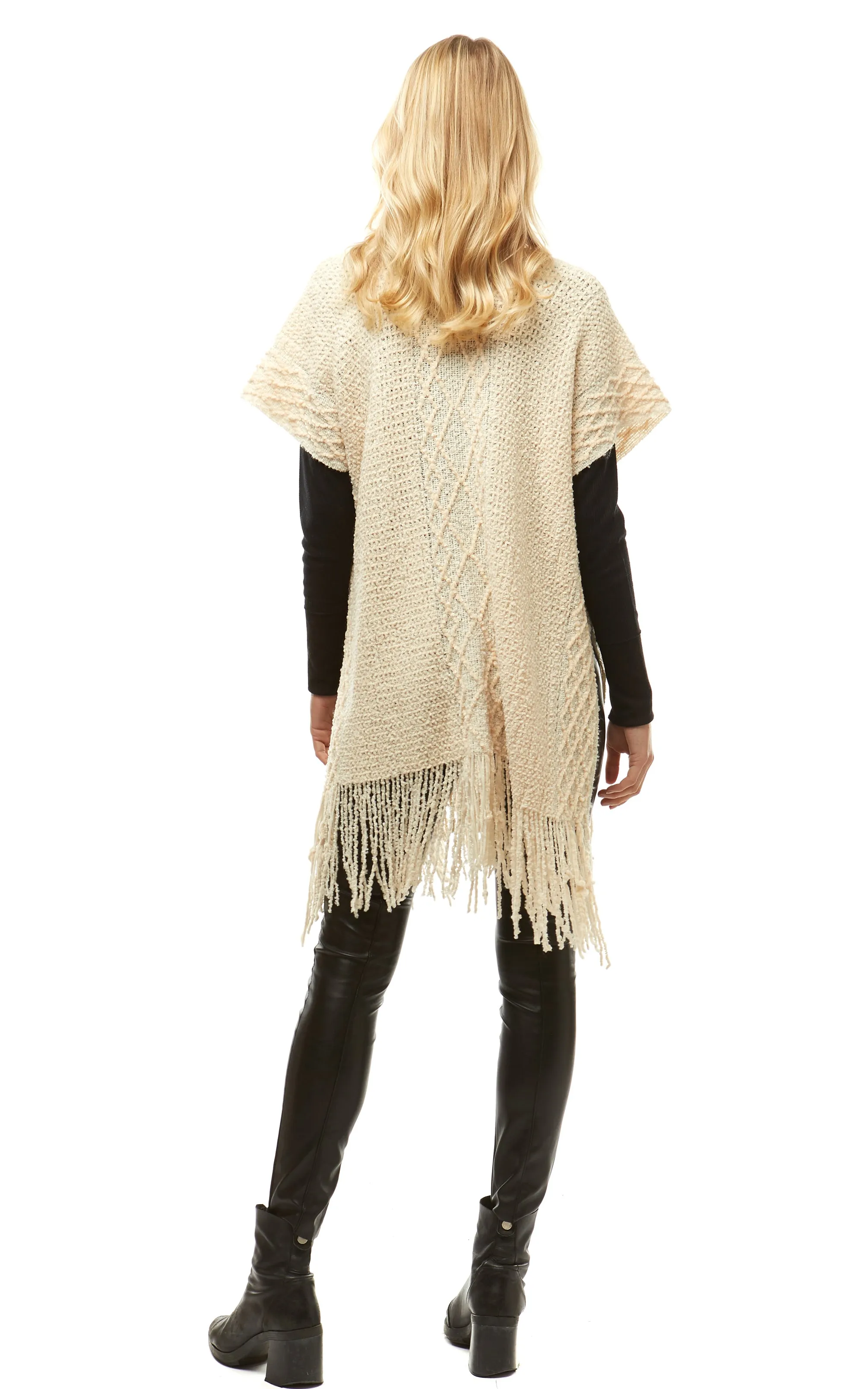 LOF935 Solid Chenille Diamond Pattern Trim Ruana with Fringe