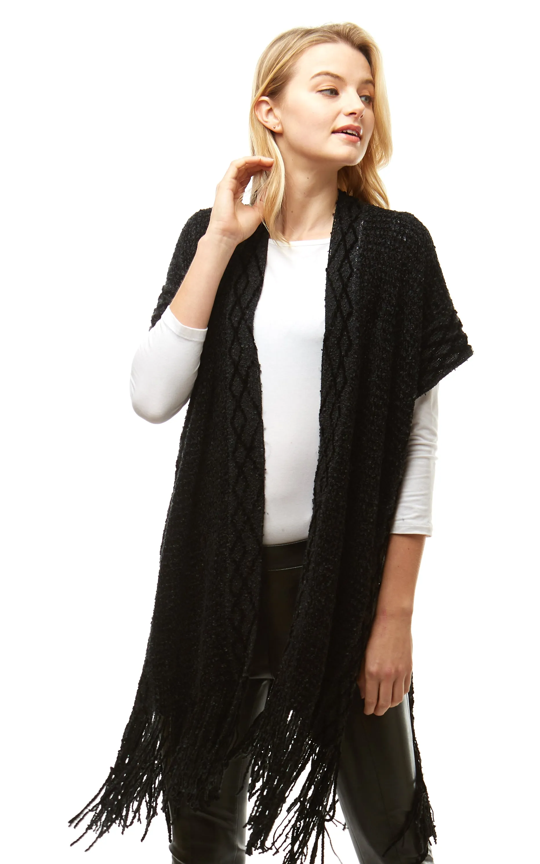 LOF935 Solid Chenille Diamond Pattern Trim Ruana with Fringe