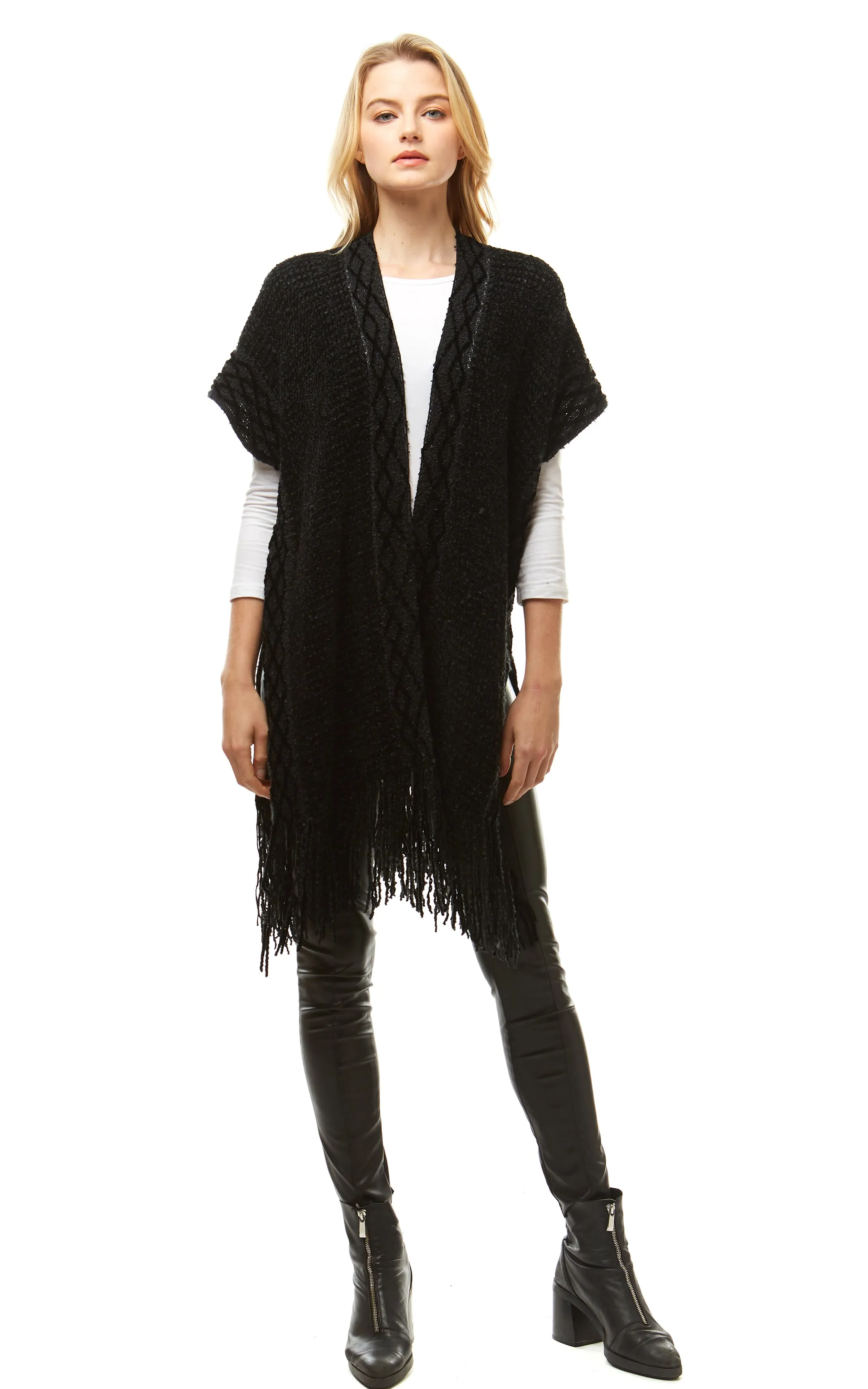 LOF935 Solid Chenille Diamond Pattern Trim Ruana with Fringe
