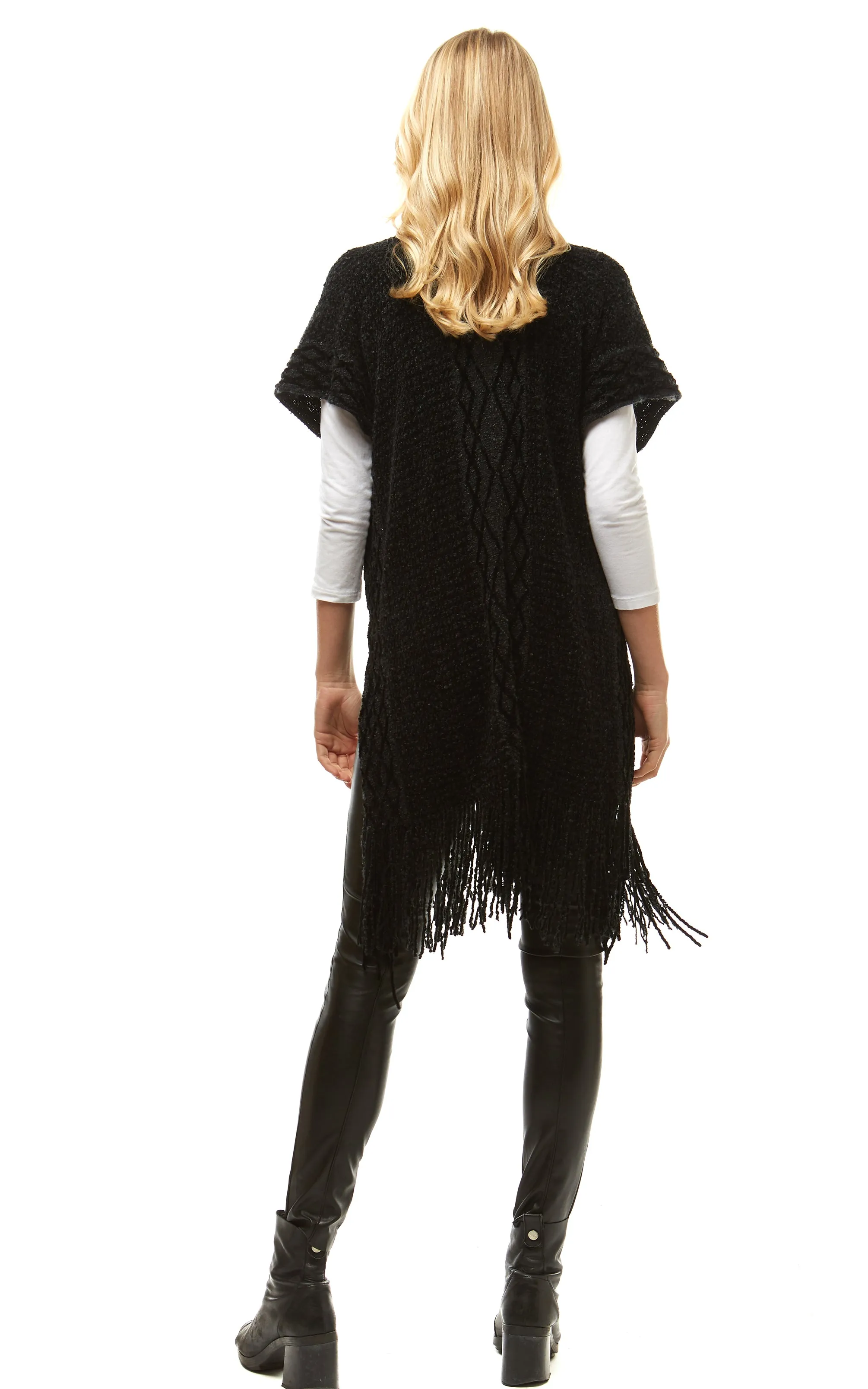 LOF935 Solid Chenille Diamond Pattern Trim Ruana with Fringe