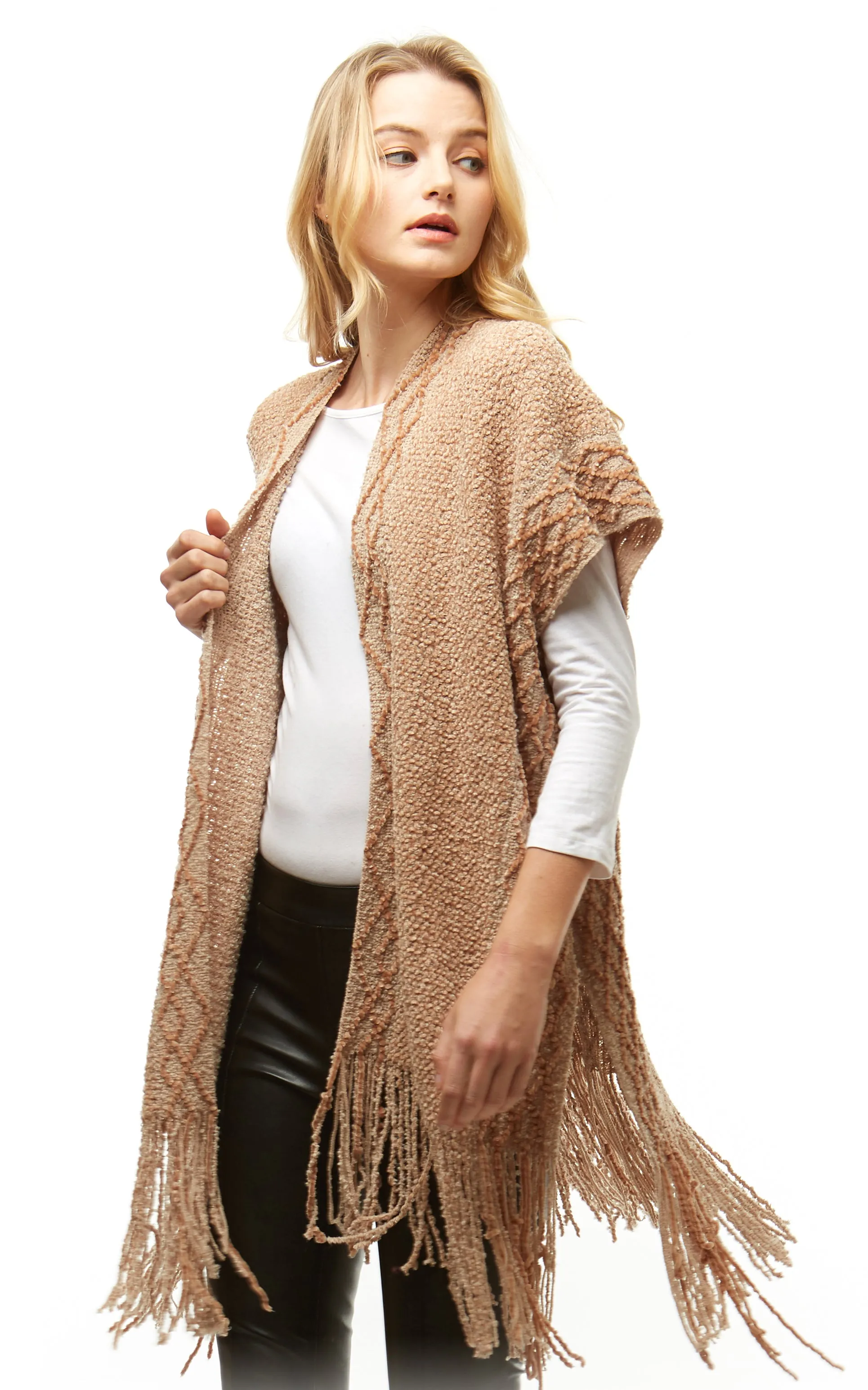LOF935 Solid Chenille Diamond Pattern Trim Ruana with Fringe