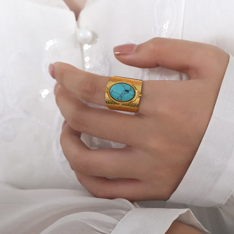 Luxurious French Retro Turquoise Gold Plated Ring for Women