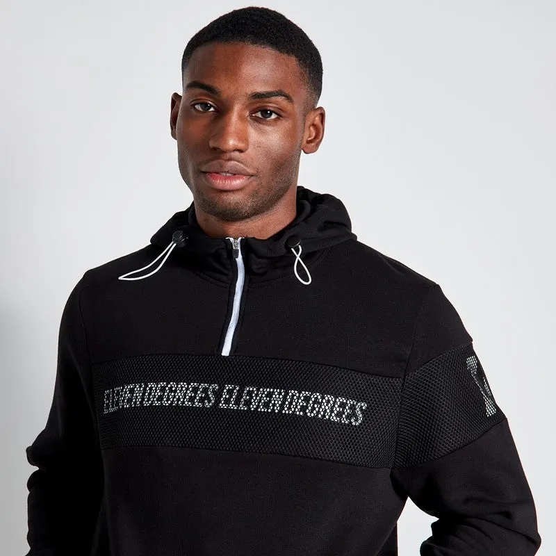 Mesh Overlay Quarter Zip Hoodie - Black