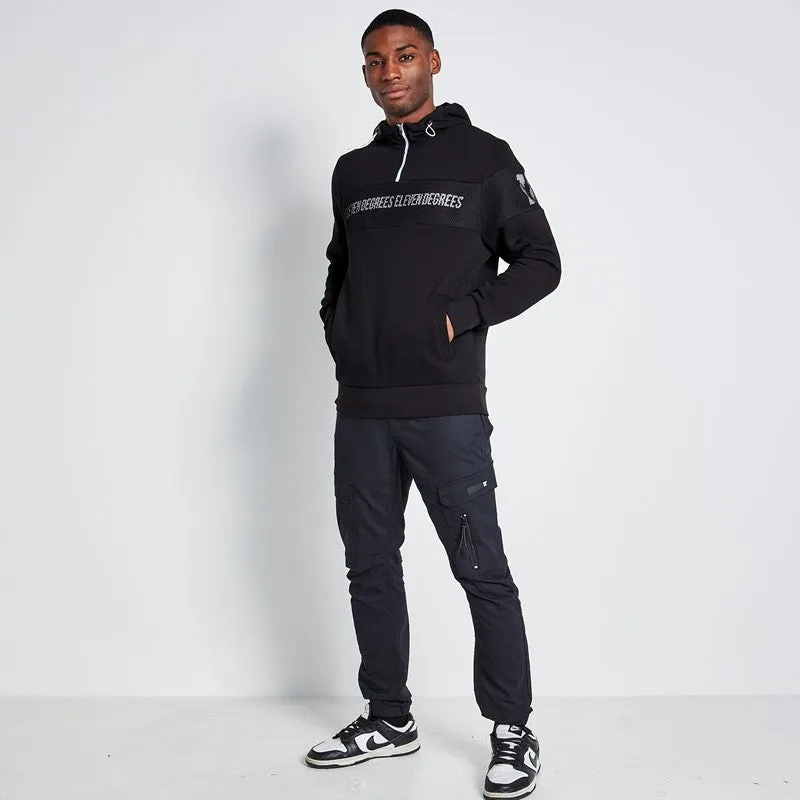 Mesh Overlay Quarter Zip Hoodie - Black