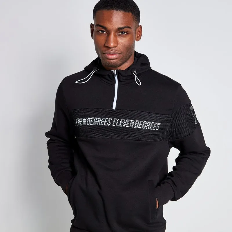 Mesh Overlay Quarter Zip Hoodie - Black