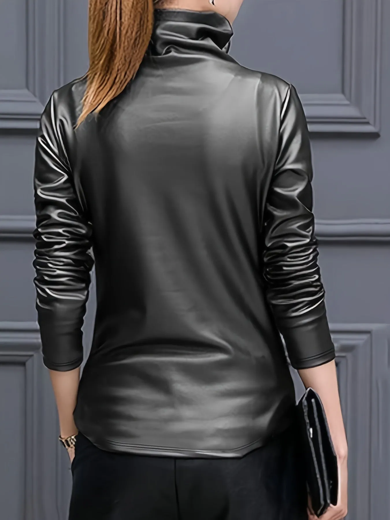 Mock Neck Faux Leather Casual Long Sleeve Sweatshirt
