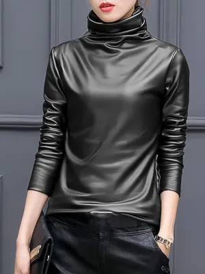 Mock Neck Faux Leather Casual Long Sleeve Sweatshirt