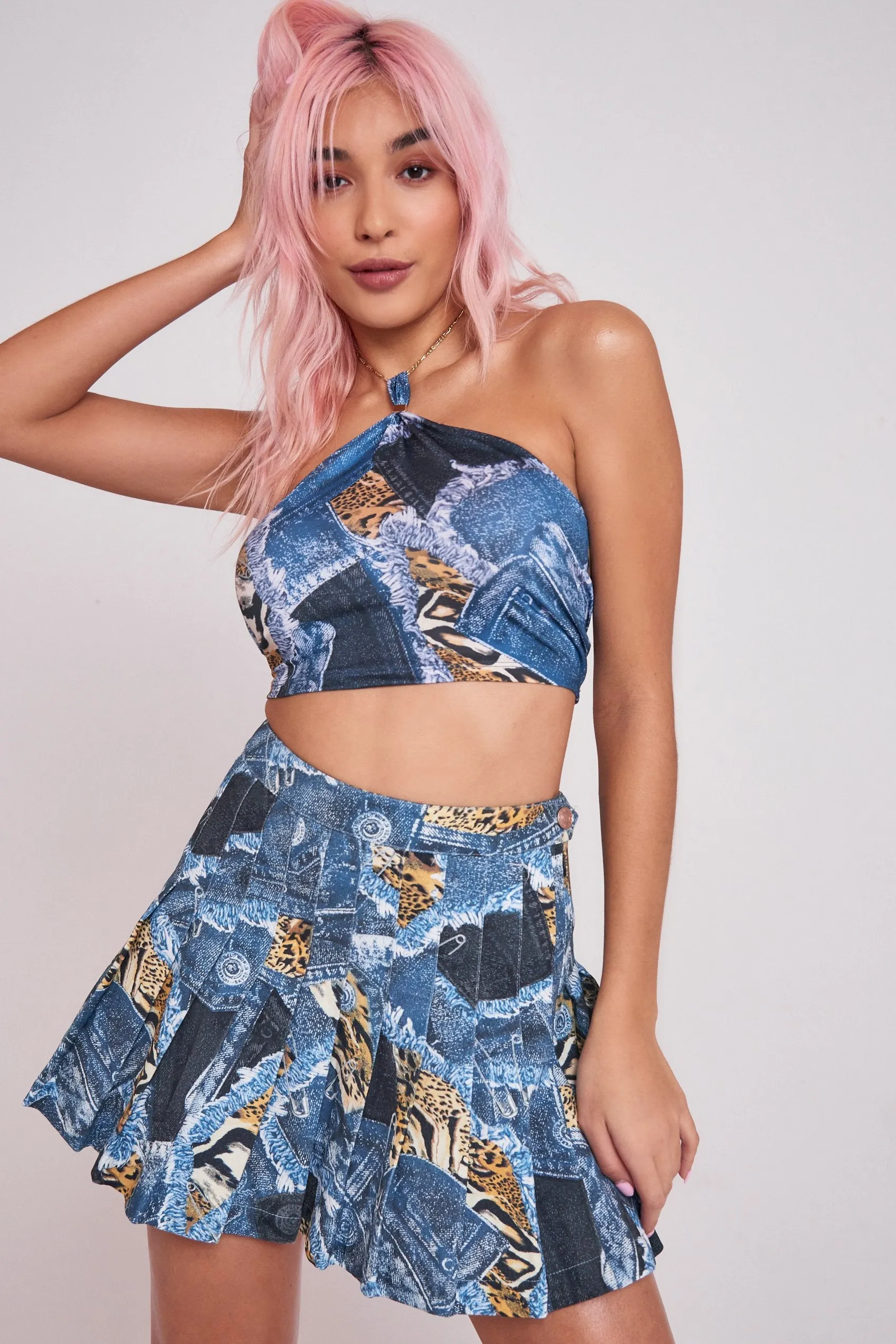 Patchwork Denim Printed Chain Halterneck Top
