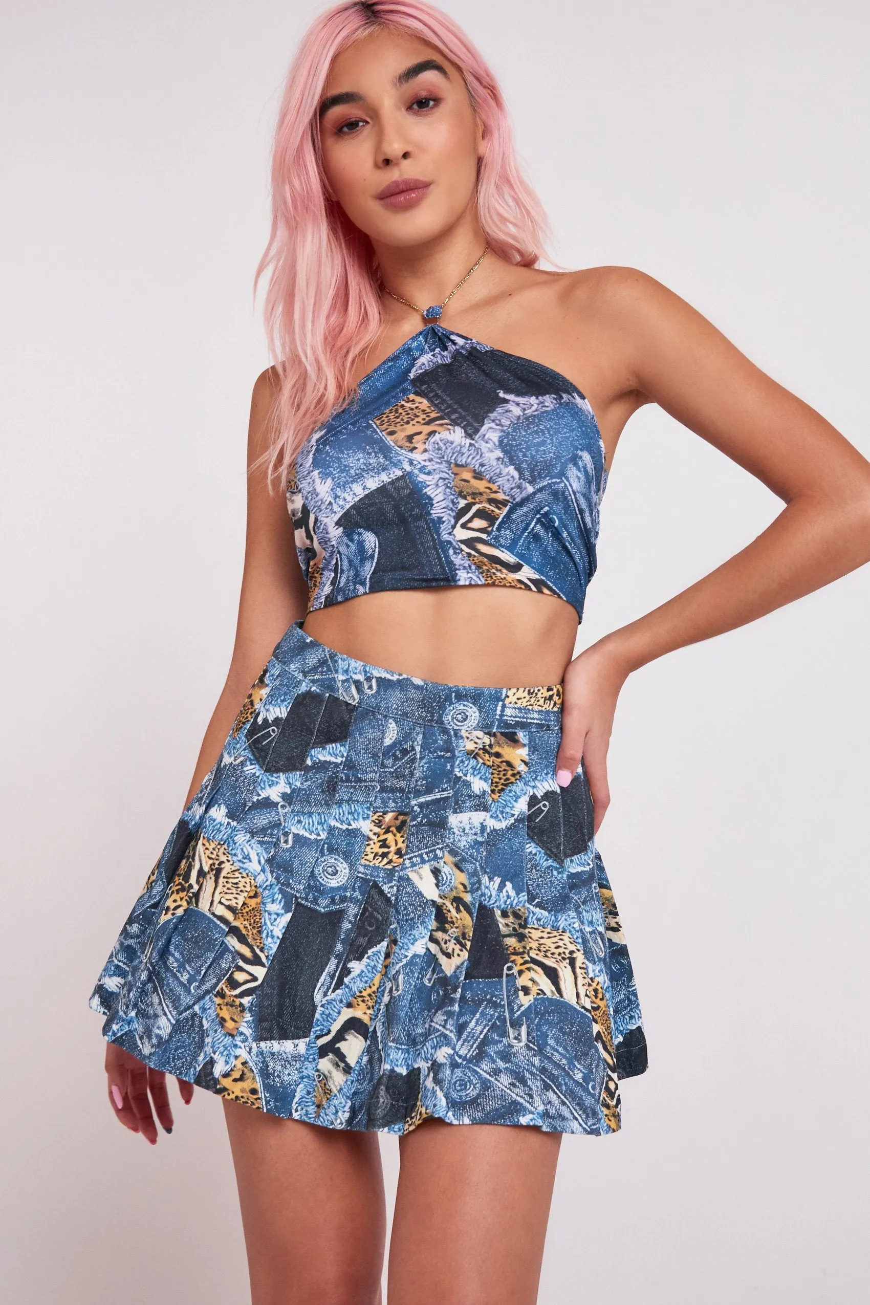 Patchwork Denim Printed Chain Halterneck Top
