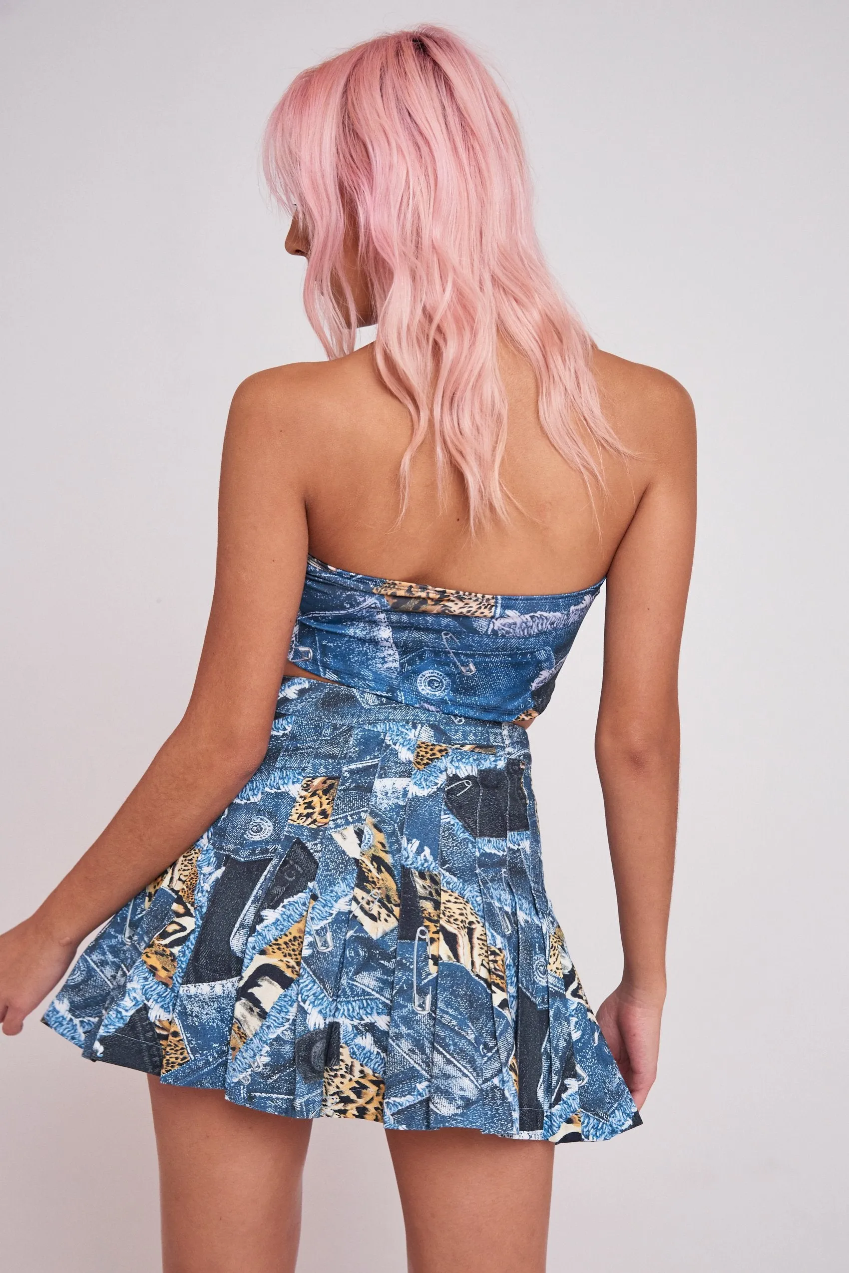 Patchwork Denim Printed Chain Halterneck Top