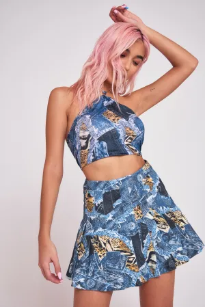 Patchwork Denim Printed Chain Halterneck Top