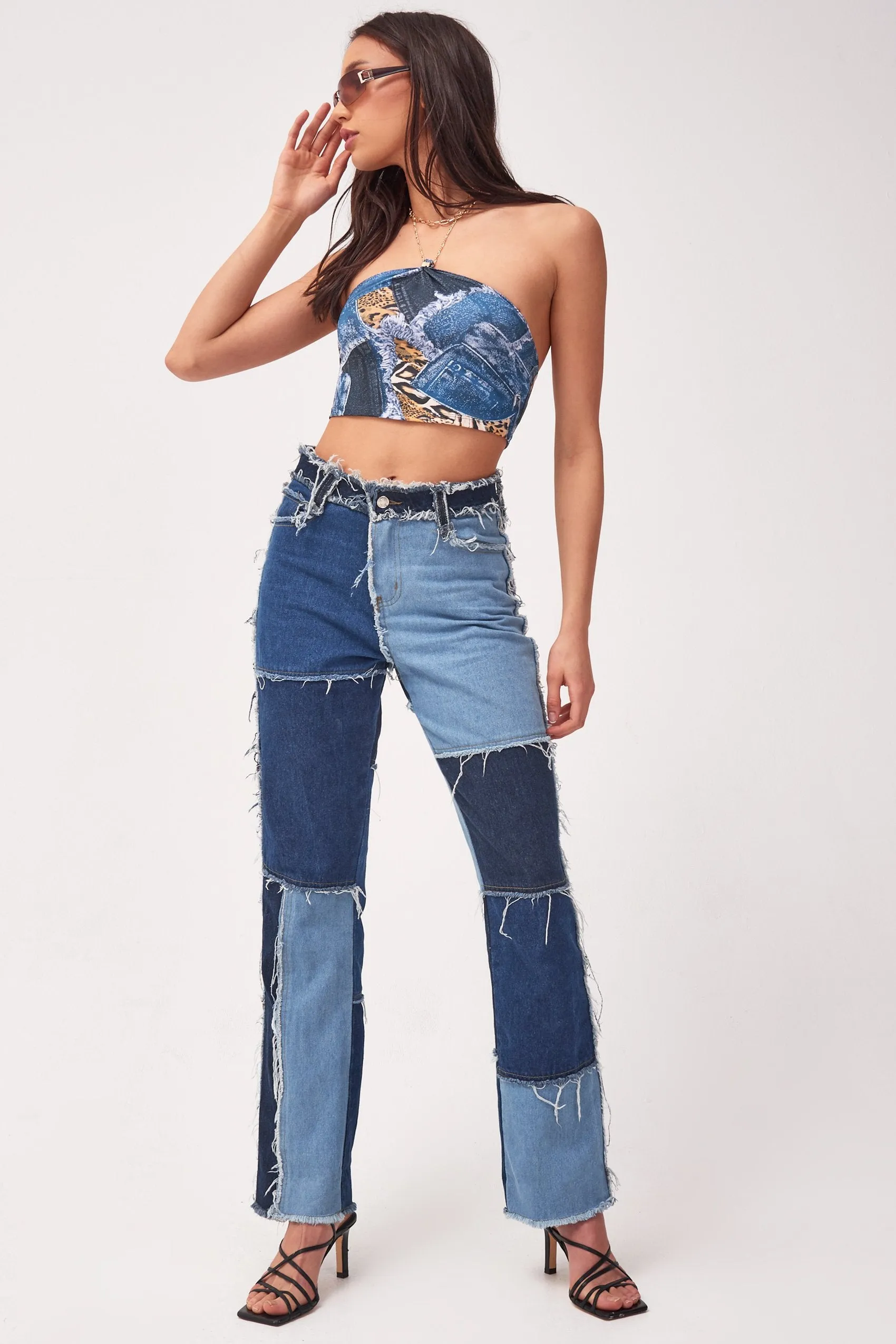 Patchwork Denim Printed Chain Halterneck Top