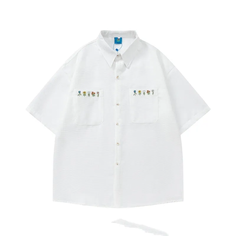 Plaid Embroidered Short-sleeved Loose All-match Couple Shirt