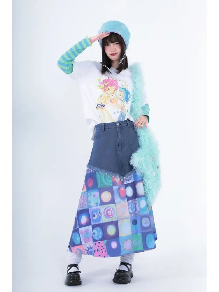 Plaid Patchwork Denim Maxi Skirt【s0000005728】