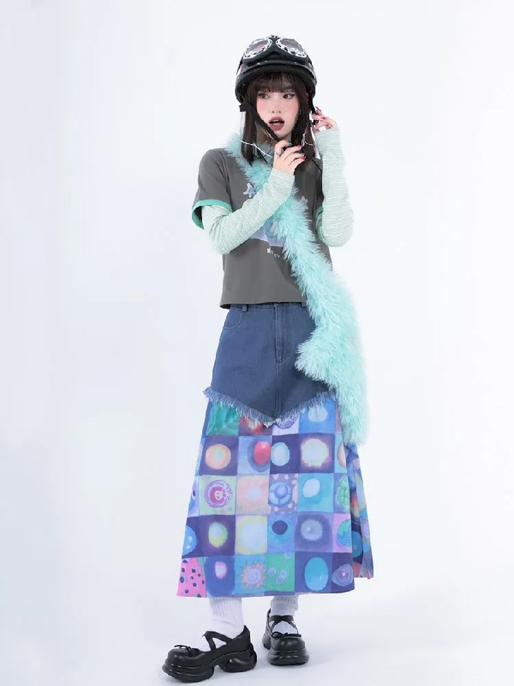 Plaid Patchwork Denim Maxi Skirt【s0000005728】