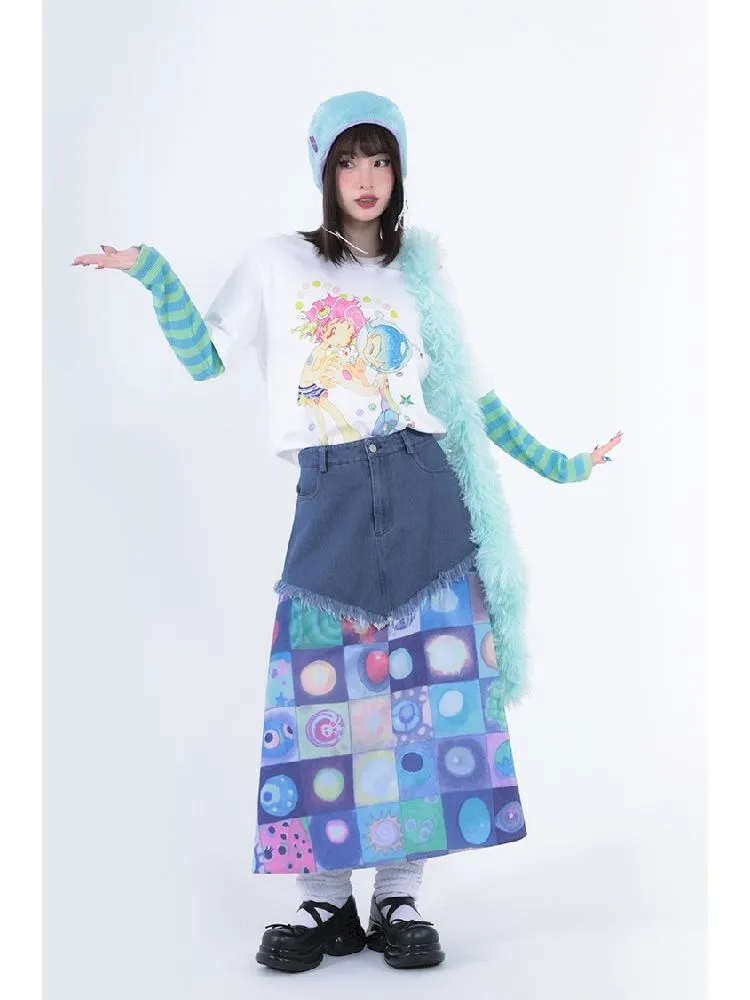 Plaid Patchwork Denim Maxi Skirt【s0000005728】