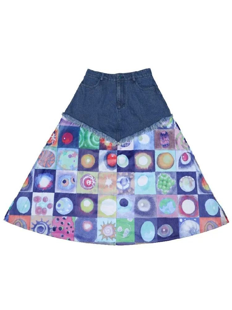 Plaid Patchwork Denim Maxi Skirt【s0000005728】