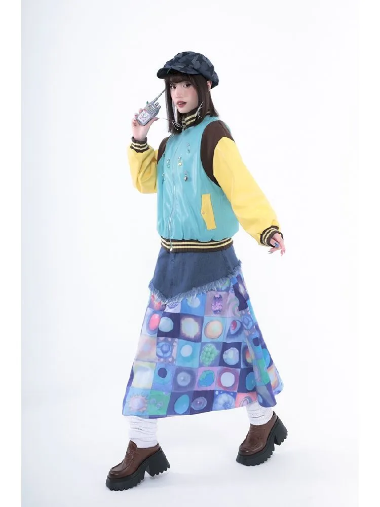Plaid Patchwork Denim Maxi Skirt【s0000005728】
