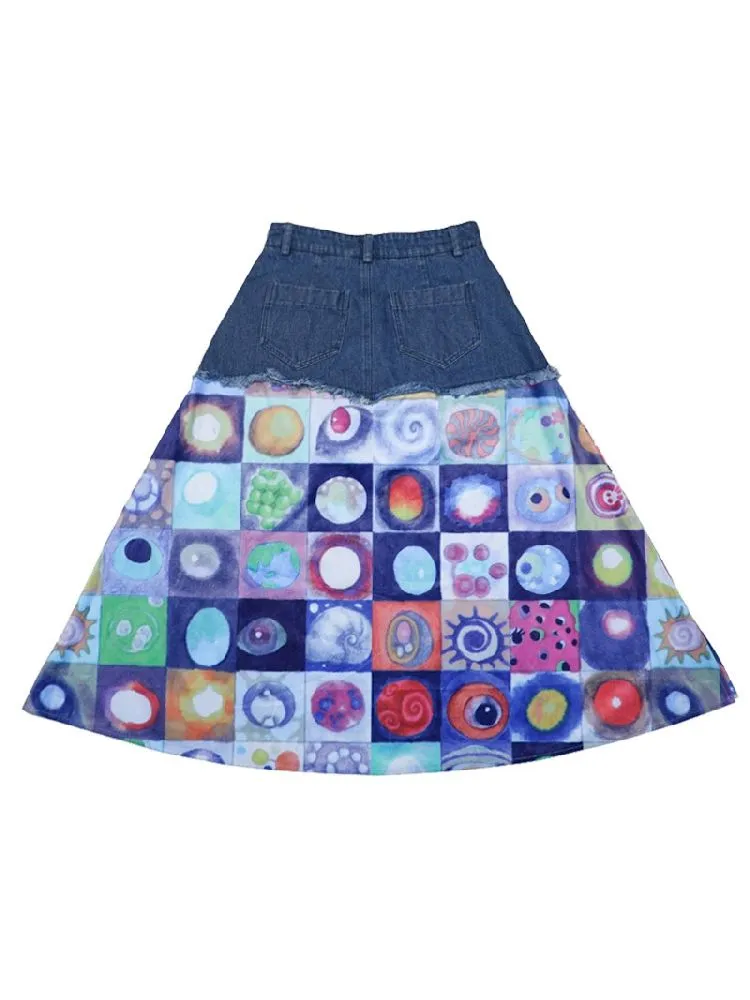 Plaid Patchwork Denim Maxi Skirt【s0000005728】