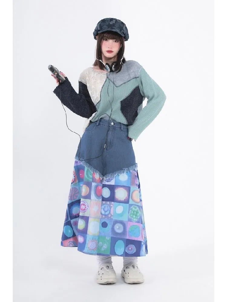 Plaid Patchwork Denim Maxi Skirt【s0000005728】