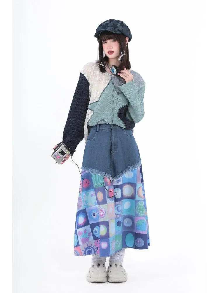 Plaid Patchwork Denim Maxi Skirt【s0000005728】