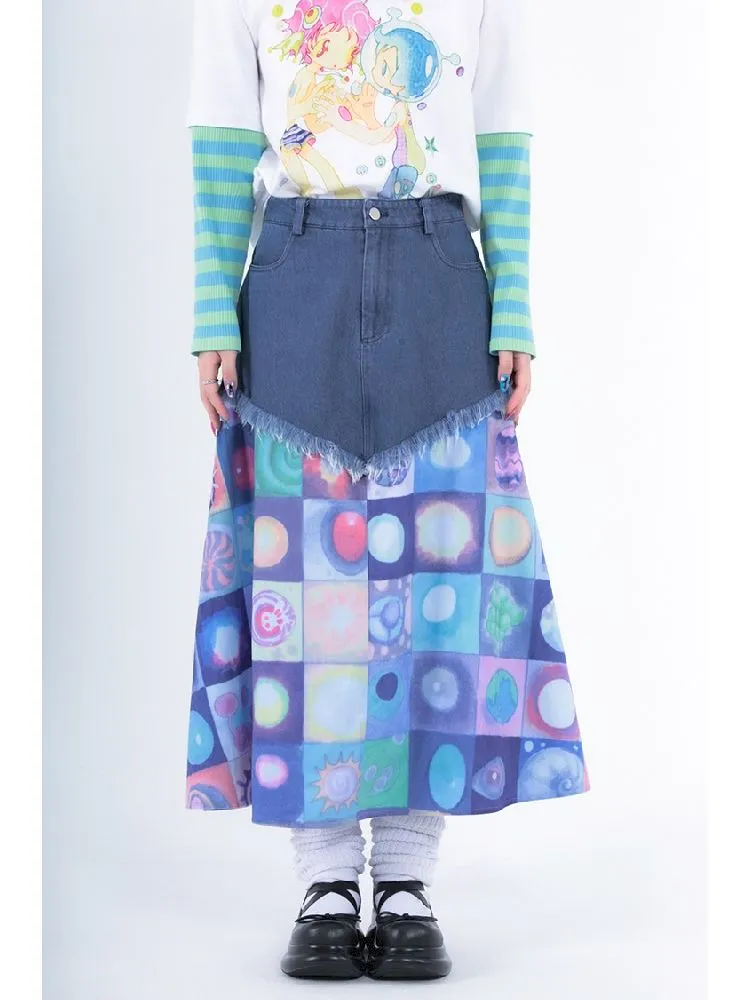Plaid Patchwork Denim Maxi Skirt【s0000005728】