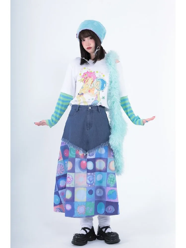 Plaid Patchwork Denim Maxi Skirt【s0000005728】