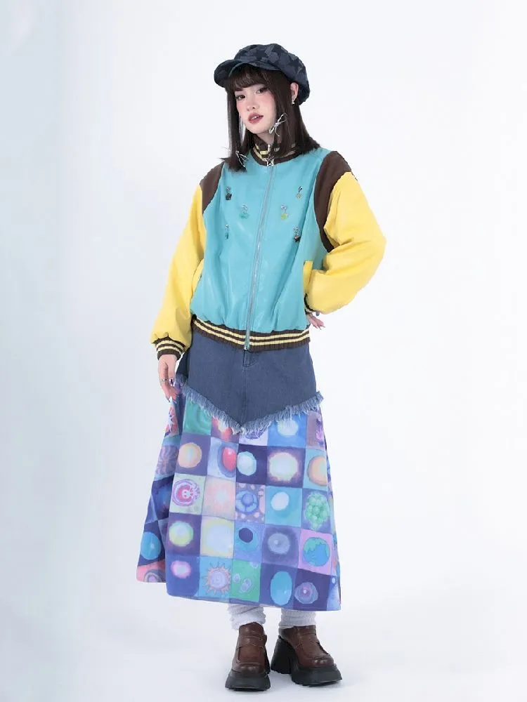 Plaid Patchwork Denim Maxi Skirt【s0000005728】