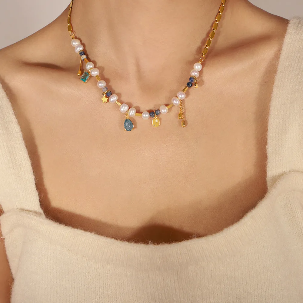 Regal Pearl and Gemstone Handmade Necklace in Palace Style Gold-Plated Titanium Steel