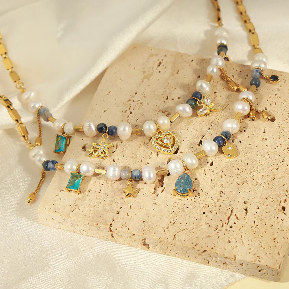 Regal Pearl and Gemstone Handmade Necklace in Palace Style Gold-Plated Titanium Steel
