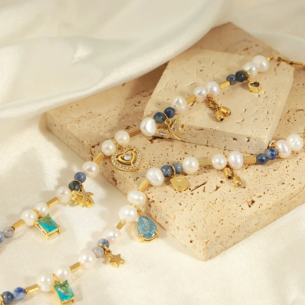 Regal Pearl and Gemstone Handmade Necklace in Palace Style Gold-Plated Titanium Steel