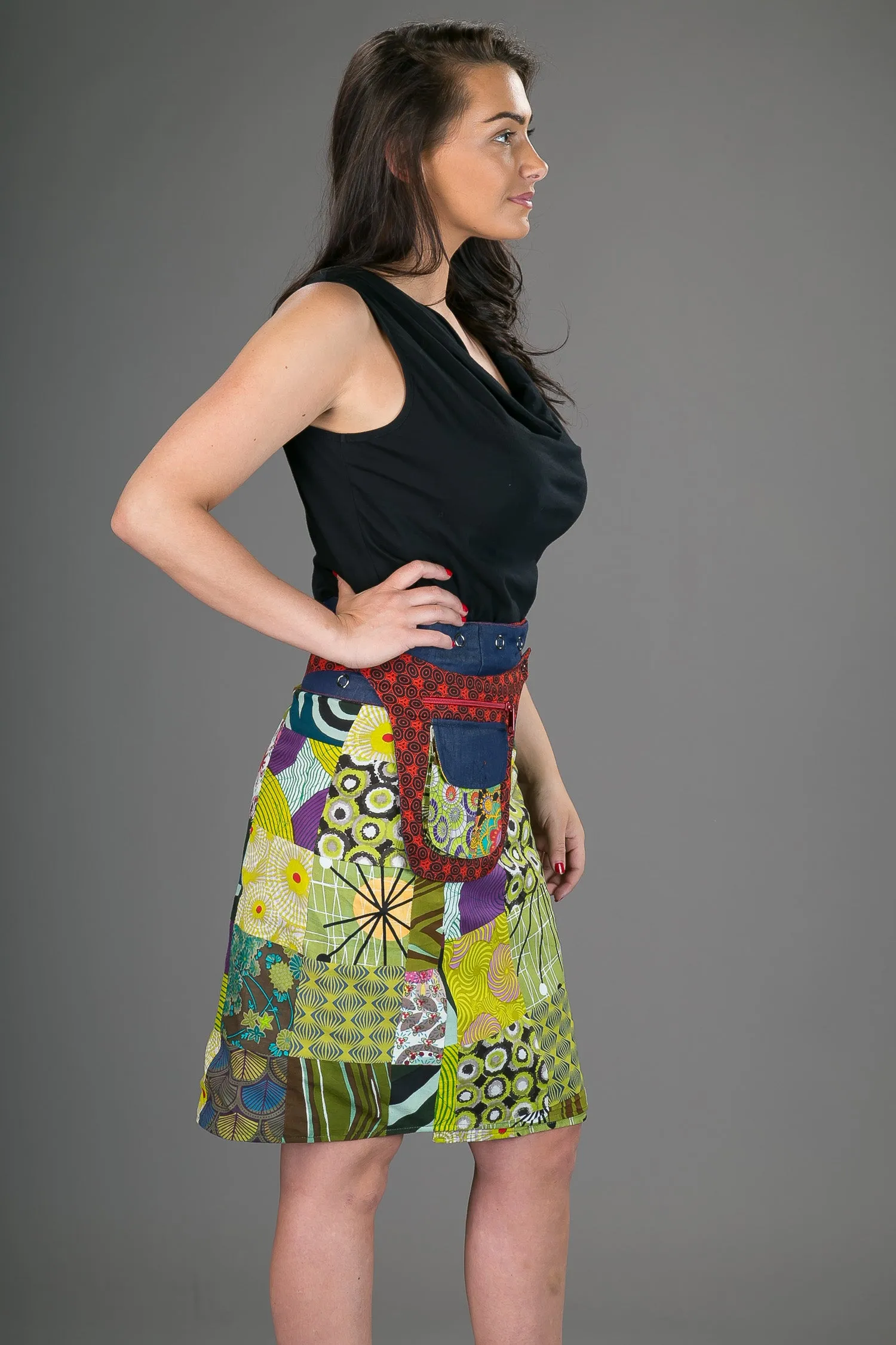 Reversible Cotton Denim Skirt Green Patch Print with Pocket