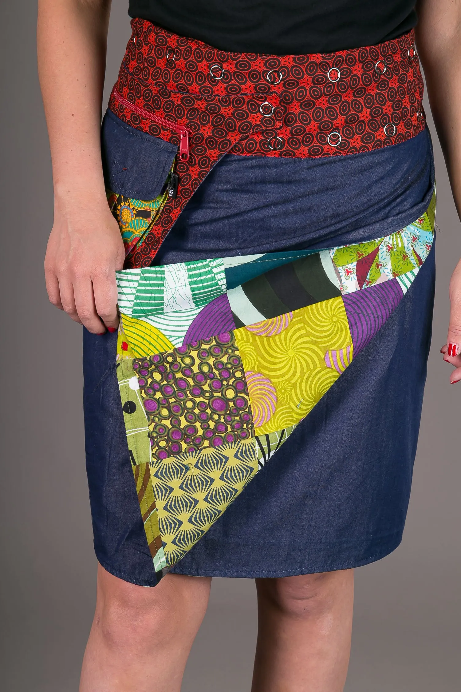 Reversible Cotton Denim Skirt Green Patch Print with Pocket