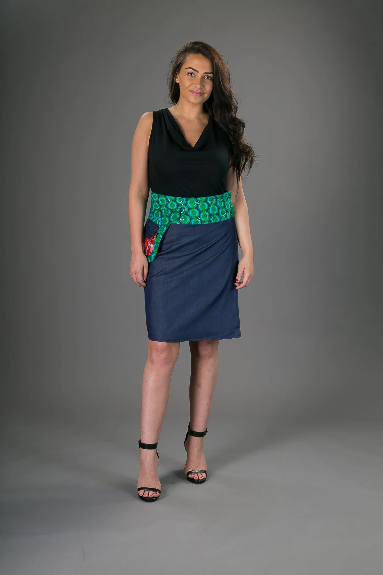Reversible Cotton Denim Skirt Red Patch Green Print with Pocket