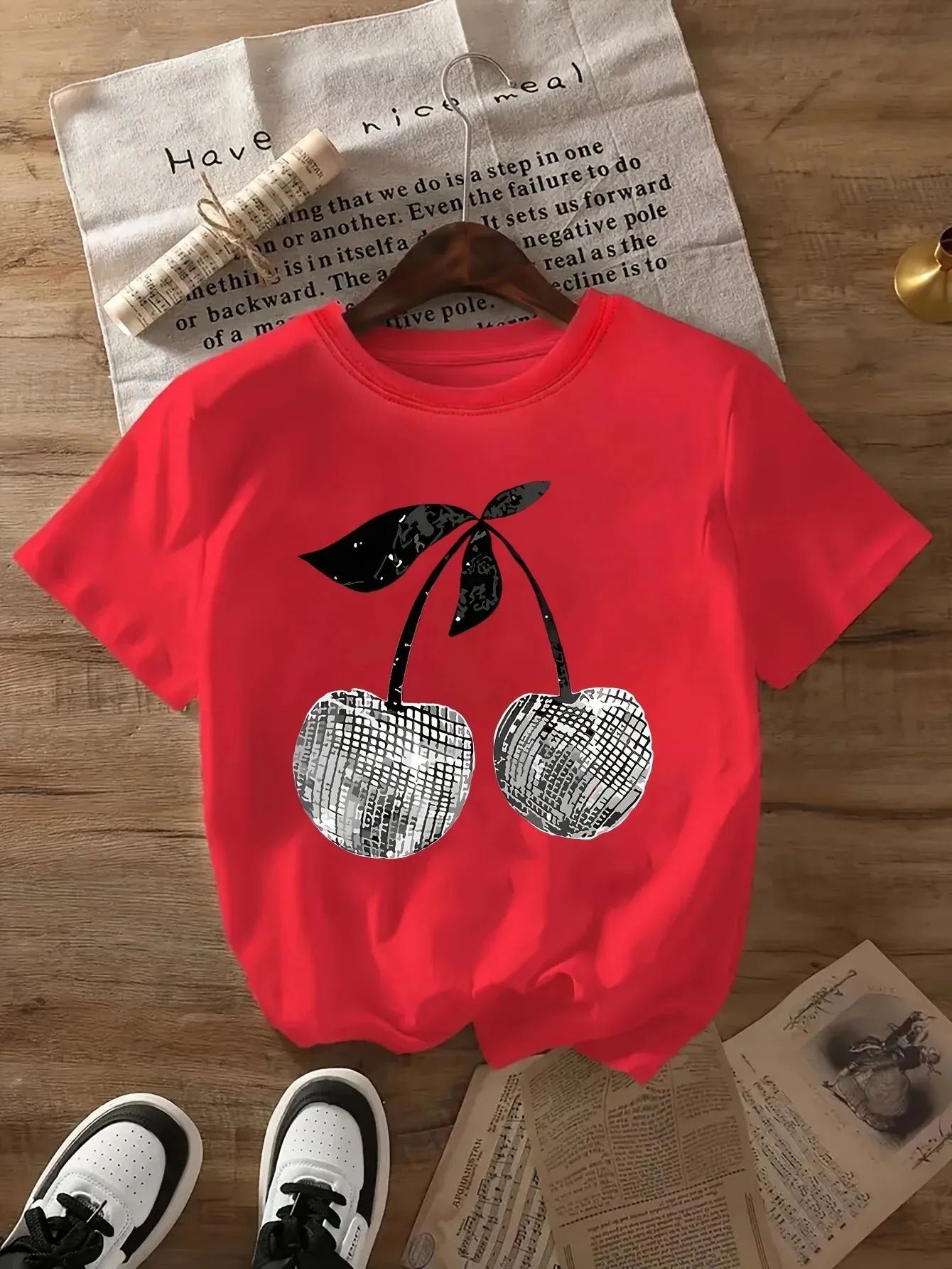 Silver Cherry Graphic Print T-Shirt