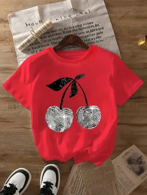 Silver Cherry Graphic Print T-Shirt