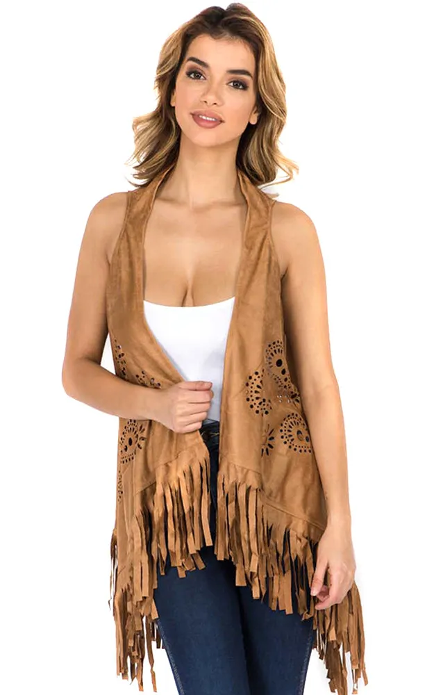 SN3341 Boho Chic Faux Suede Paisley Cut Out Vest
