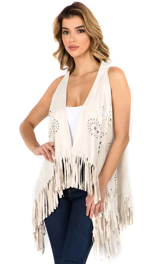 SN3341 Boho Chic Faux Suede Paisley Cut Out Vest