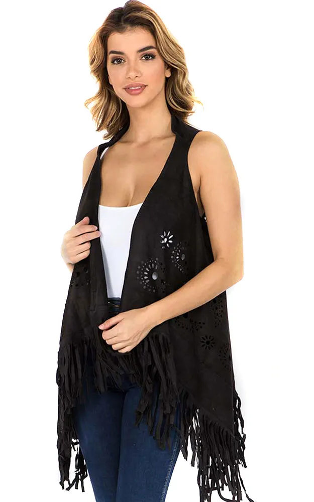 SN3341 Boho Chic Faux Suede Paisley Cut Out Vest