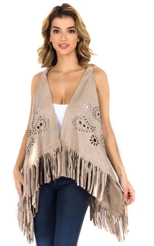 SN3341 Boho Chic Faux Suede Paisley Cut Out Vest