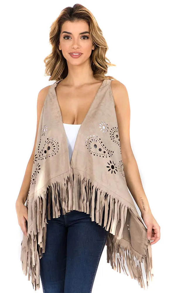 SN3341 Boho Chic Faux Suede Paisley Cut Out Vest