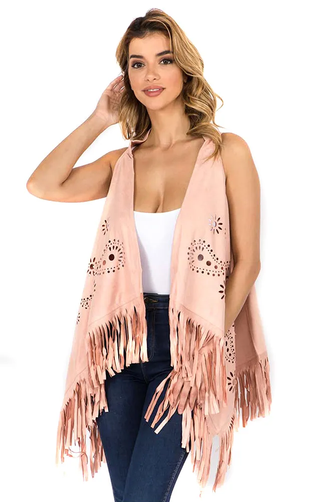 SN3341 Boho Chic Faux Suede Paisley Cut Out Vest