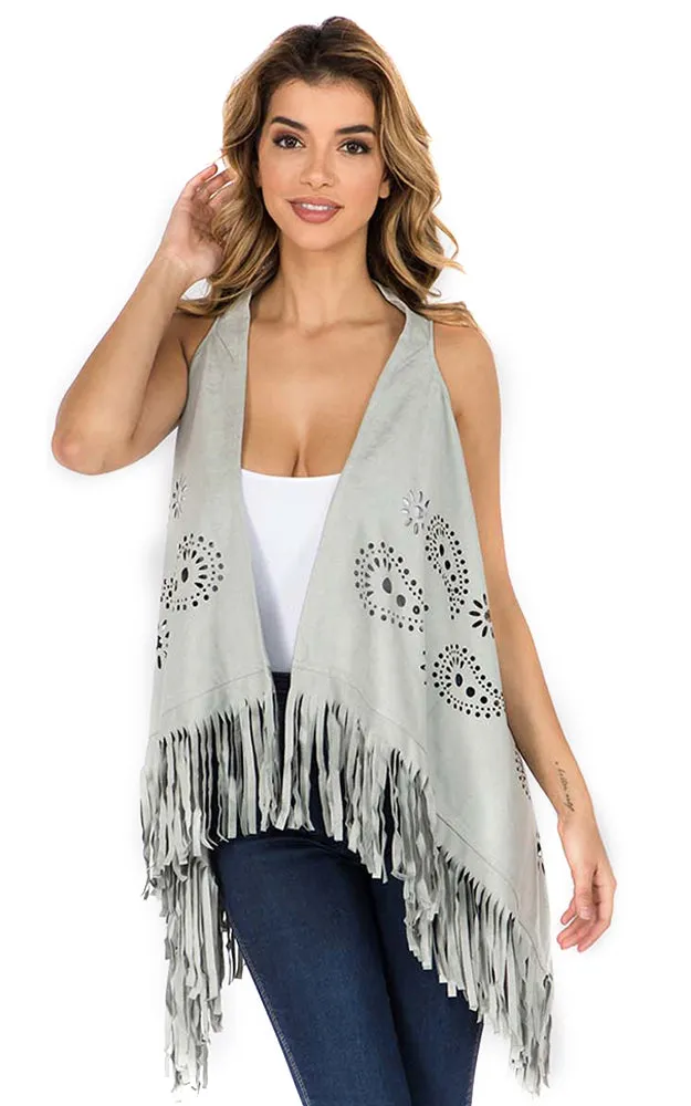SN3341 Boho Chic Faux Suede Paisley Cut Out Vest