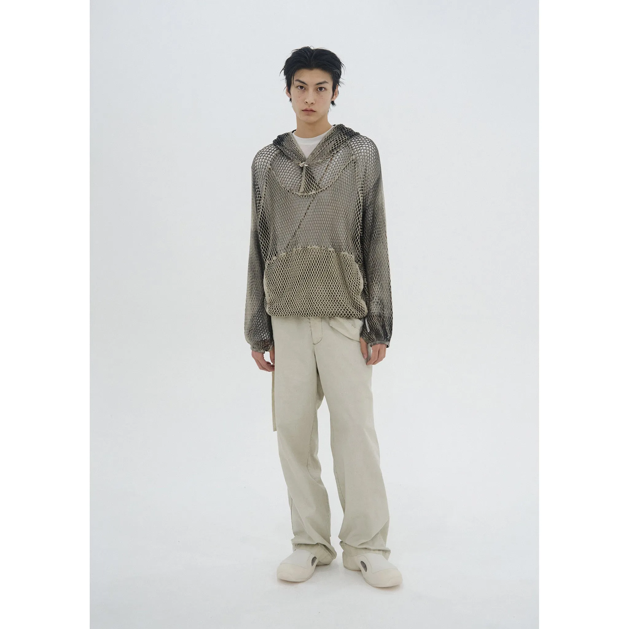 SPRAY-DYED MESH HOODIE / STONE BEIGE